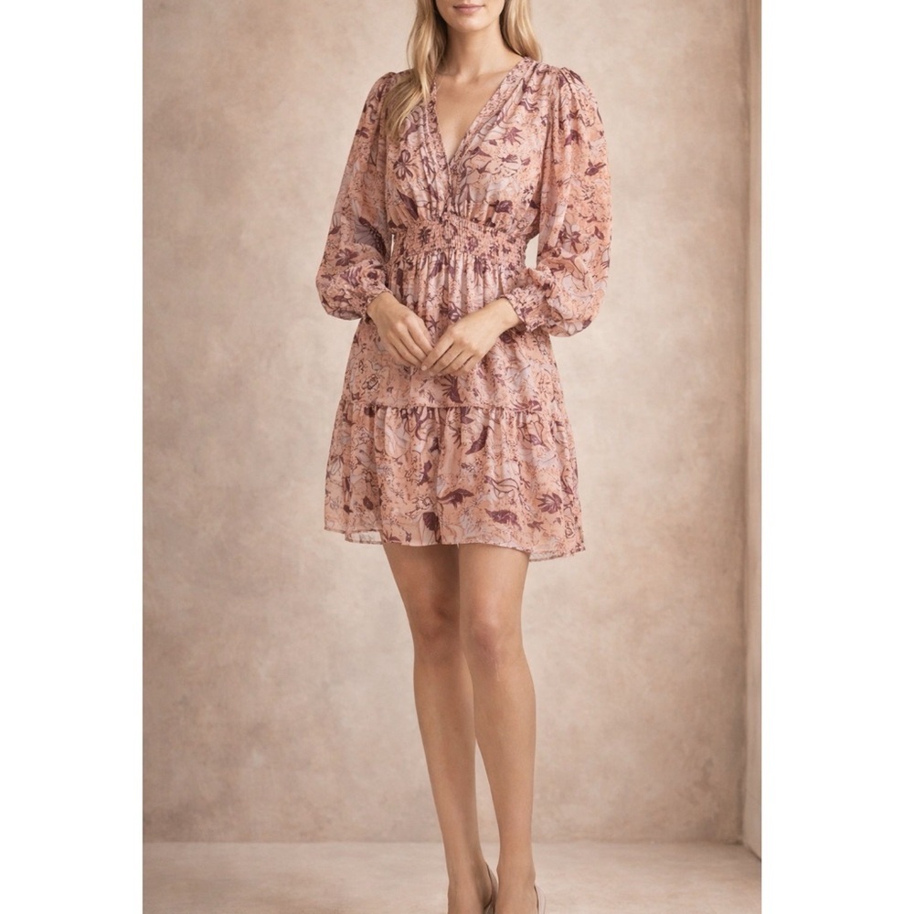 Anthropologie O.P.T Floral Sheer Sleeve V-Neck Mini Dress M Boho Romantic Pink